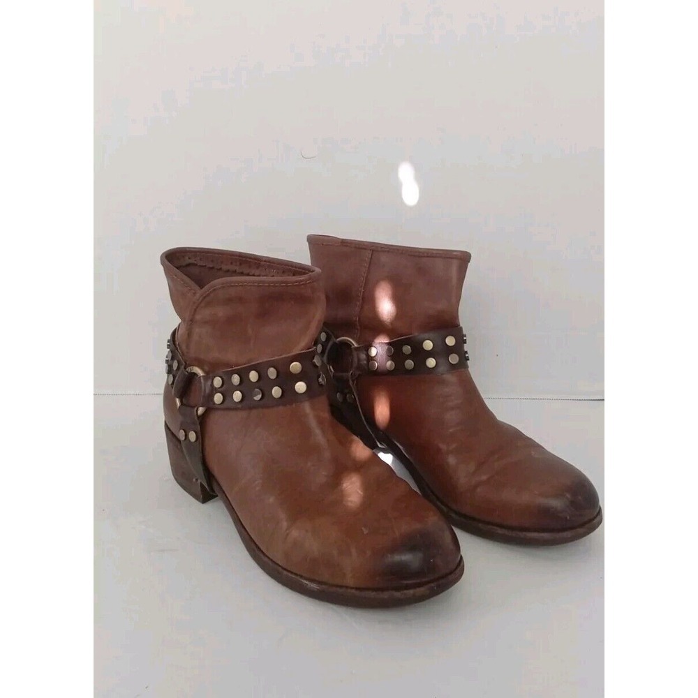 Leather Ankle Boots Studded Harness Brown Western Moto Biker Style